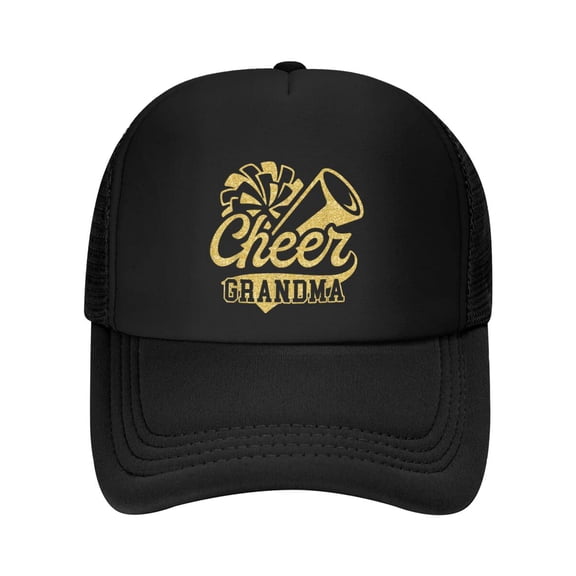 Cheer Grandma Biggest Fan Black Yellow Gold Pom Pom Baseball Cap