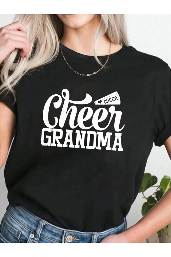 Cheer Grandma T-Shirt Retro Funny Grandmother Gift Cute Cheerleading Support Apparel Women's Short Sleeve Tee Graphic Top