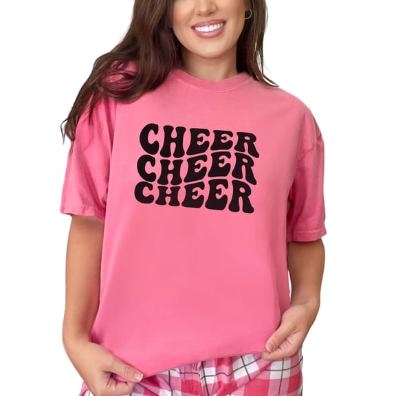 Cheer, Groovy Retro Wavy Text, Crunchberry Comfort Colors T-Shirt, Large