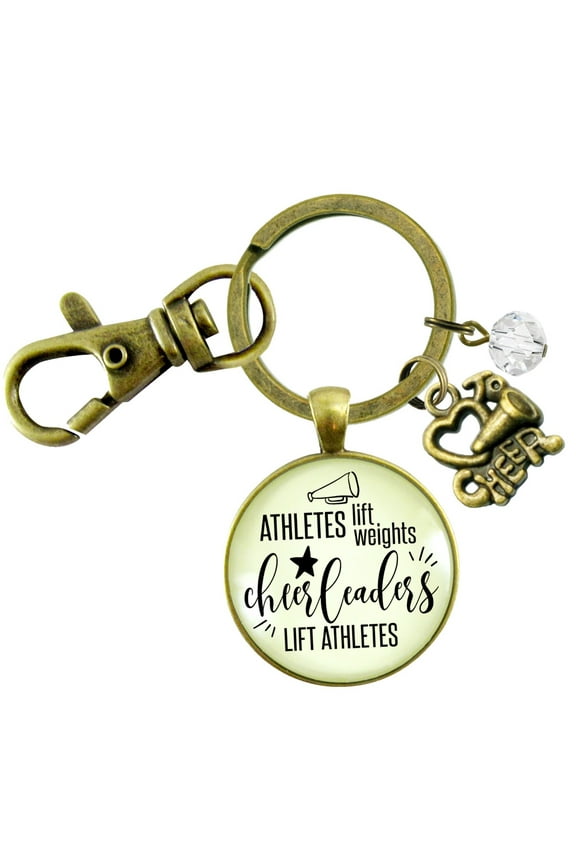 Cheer Gutsy Goodness Bronze Keychain Athletes Lift Weights Cheerleader Funny Quote Jewelry Megaphone