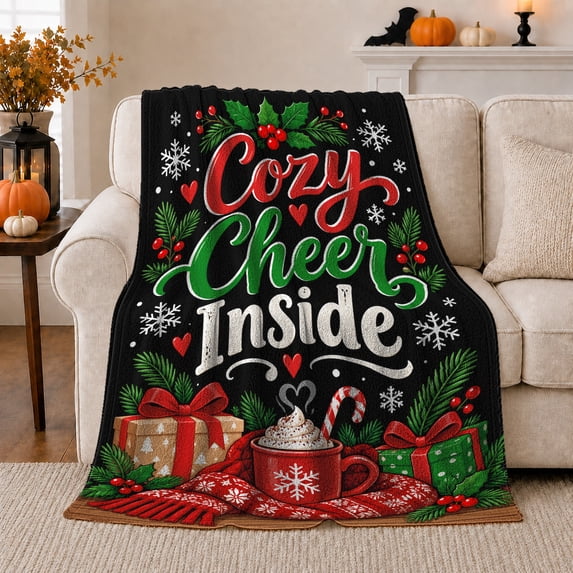 Cheer Inside Holiday decorative motif Boxes, Festive Holiday Scene, Warm Flannel Blanket for Living Room and Reading Nook with Detailed Artwork, Art Lovers Christmas Gift, Festive Home Decor