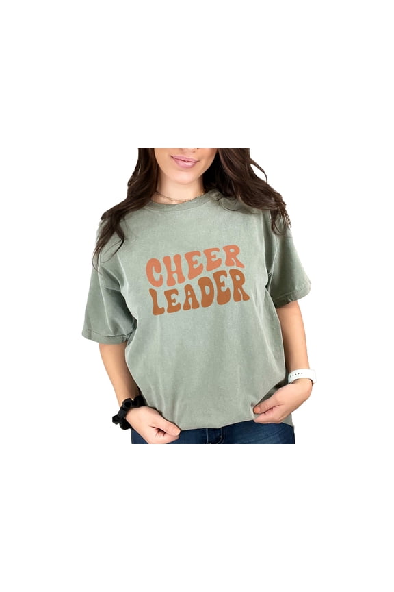 Cheer Leader, Cheerleader or Cheerleading Themed, Groovy Retro Wavy Text, Moss Comfort Colors T-Shirt, Large