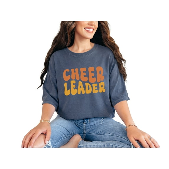 Cheer Leader, Cheerleading or Cheerleader Themed, Groovy Retro Wavy Text, Denim Comfort Colors T-Shirt, Medium