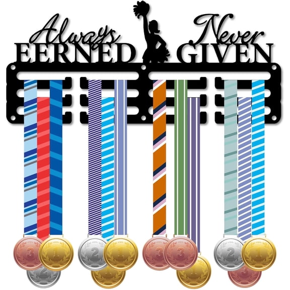 Cheer Medal Hanger Cheerleader Award Holder Lanyard Ribbon Hanging Rack 3 Rows Small Black Iron Medal Wall Hooks Frame Mounted Decor for Hold 40+ Awards 11.4x5.1in-Always Earned Never Given