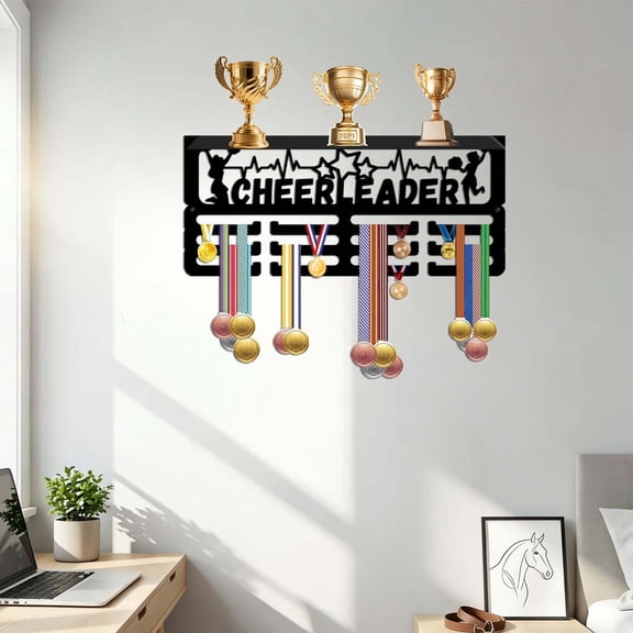 Cheer Medal Holder Medal Hanger Display Black Metal Wall Decor Metal Art Wall Decor for Cheerleading Awards Home Display 1 Pack