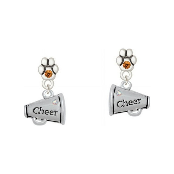 Cheer Megaphone with AB Crystal - 2 Sided - Yellow Crystal Paw Earrings