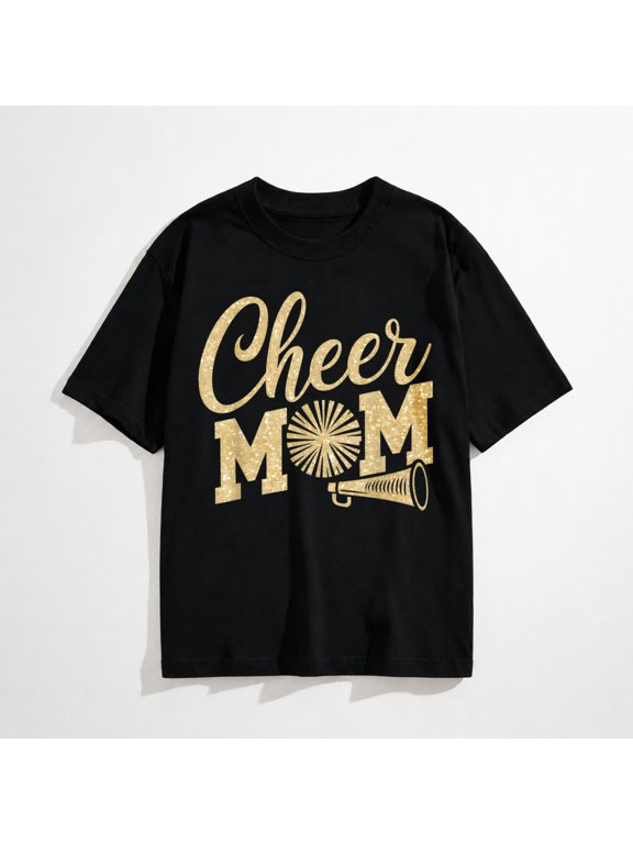 Cheer Mom Biggest Fan Cheerleader Black Yellow Gold Pom Pom T-Shirt