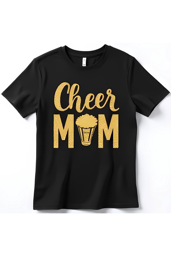 Cheer Mom Black T-Shirt with Gold Glitter Design & Popcorn Graphic