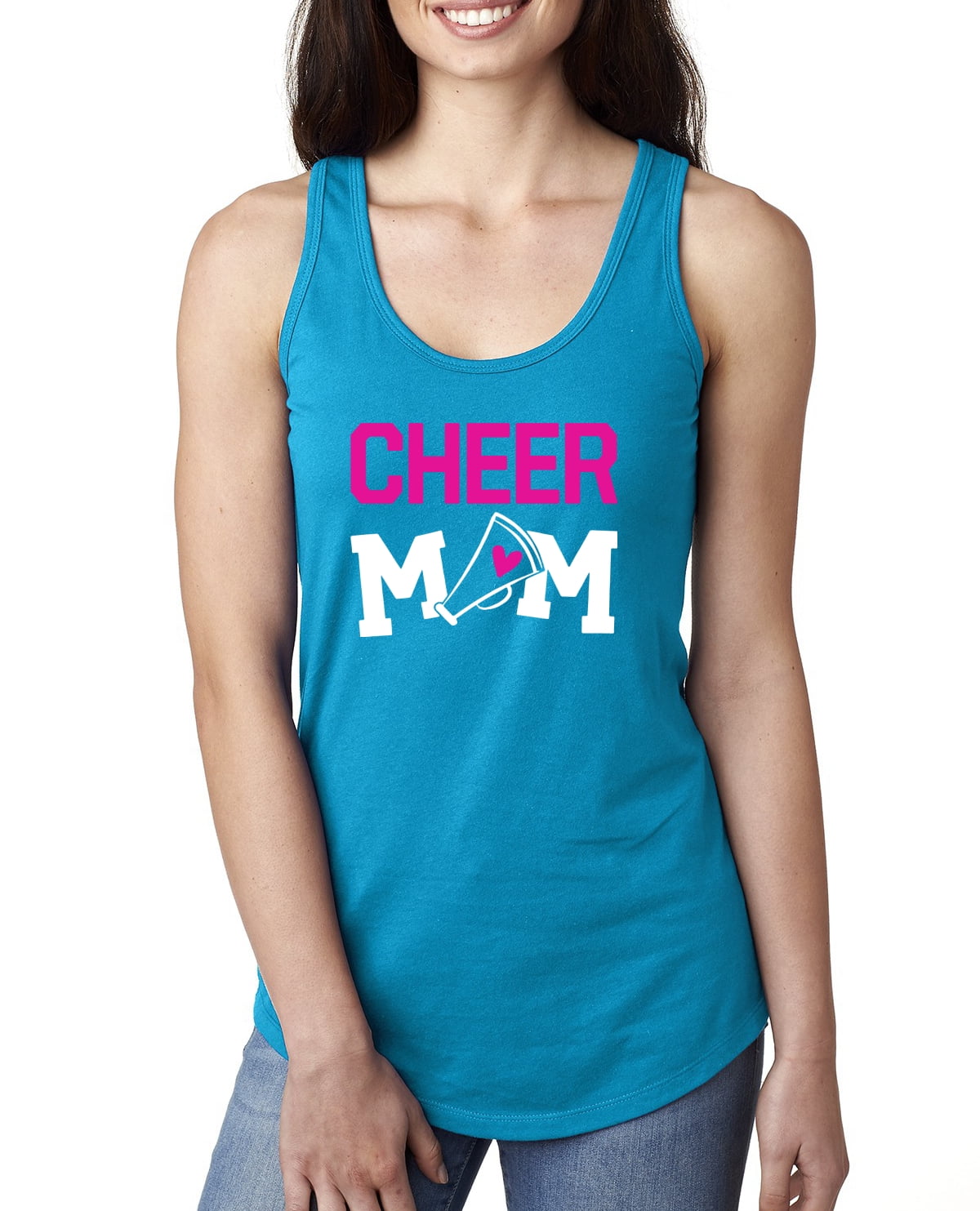 Cheer Mom Kids Super-Fan Love Pink Heart  Womens Sports Jersey Racerback Tank  Top, Turquoise, Small 