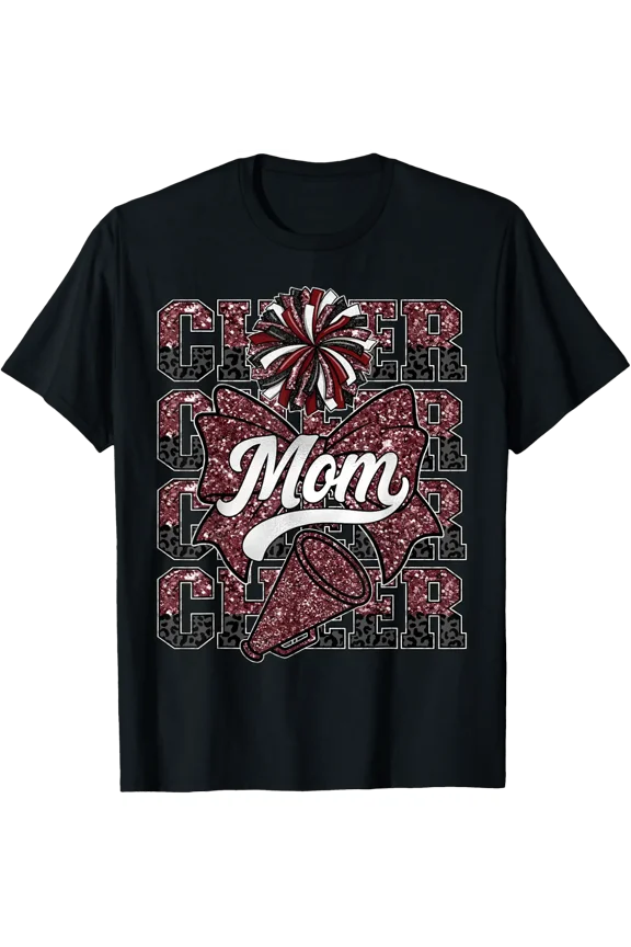 Cheer Mom Mama Bow Sport Cheerleader Cheerleading Maroon T-Shirt Size S-5XL