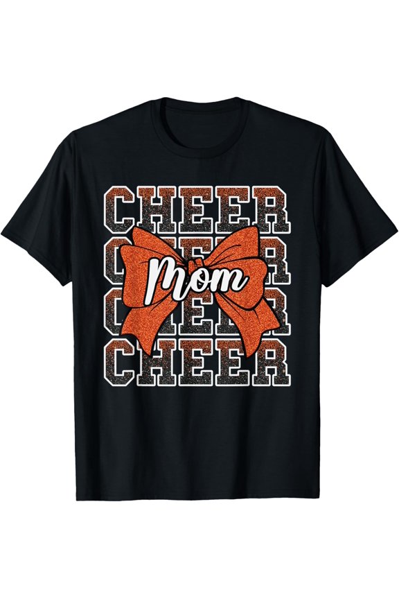 Cheer Mom Mama Bow Sport Cheerleader Cheerleading Orange Shirt BLACK Unisex S-5XL