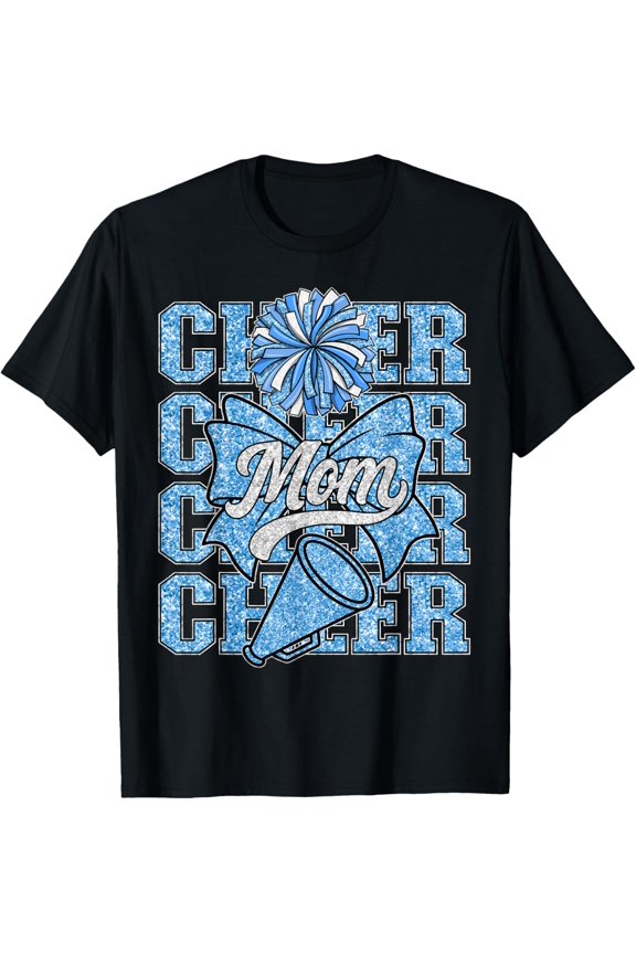 Cheer Mom Mama Bow Sport Cheerleading Squad Blue Cheerleader Shirt BLACK Unisex S-5XL