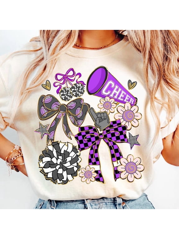 Cheer Mom T-Shirt for Women, Purple Preppy Cheerleader Graphic Tee with Bow, Coquette Team Spirit Shirt for Cheer Season