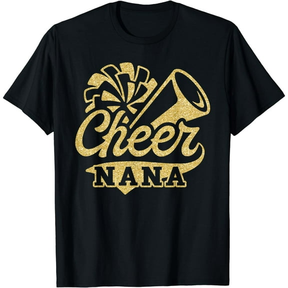 Cheer Nana Biggest Fan Cheerleader Black Yellow Gold Pom Pom T-Shirt