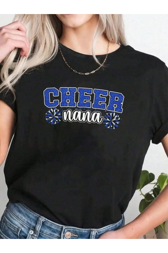 Cheer Nana T-Shirt Blue Glitter Pom Poms Retro Grandmother Gift Cute Cheerleading Fan Apparel Women's Short Sleeve Tee
