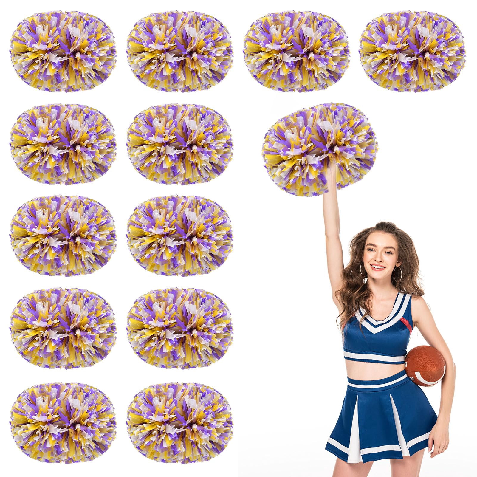 Cheer Pom Poms 12 Pcs with Handle, Cheerleading Handheld Squad Pompoms for Sports Team Cheer Spirit Games Dance Party Adults
