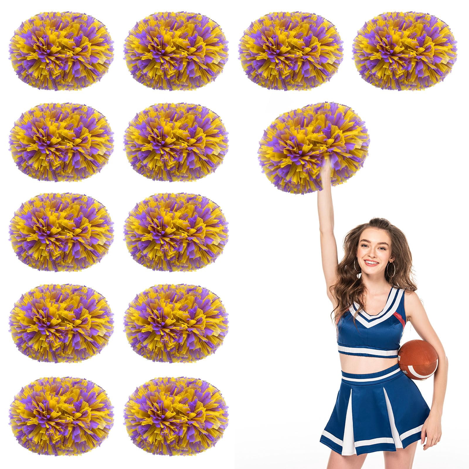 Cheer Pom Poms 12 Pcs with Handle, Cheerleading Handheld Squad Pompoms for Sports Team Cheer Spirit Games Dance Party Adults