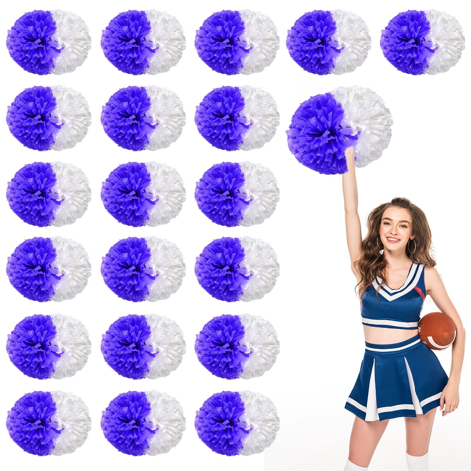 Cheer Pom Poms 18 Pcs with Handle, Cheerleading Handheld Squad Pompoms for Sports Team Cheer Spirit Games Dance Party Adults