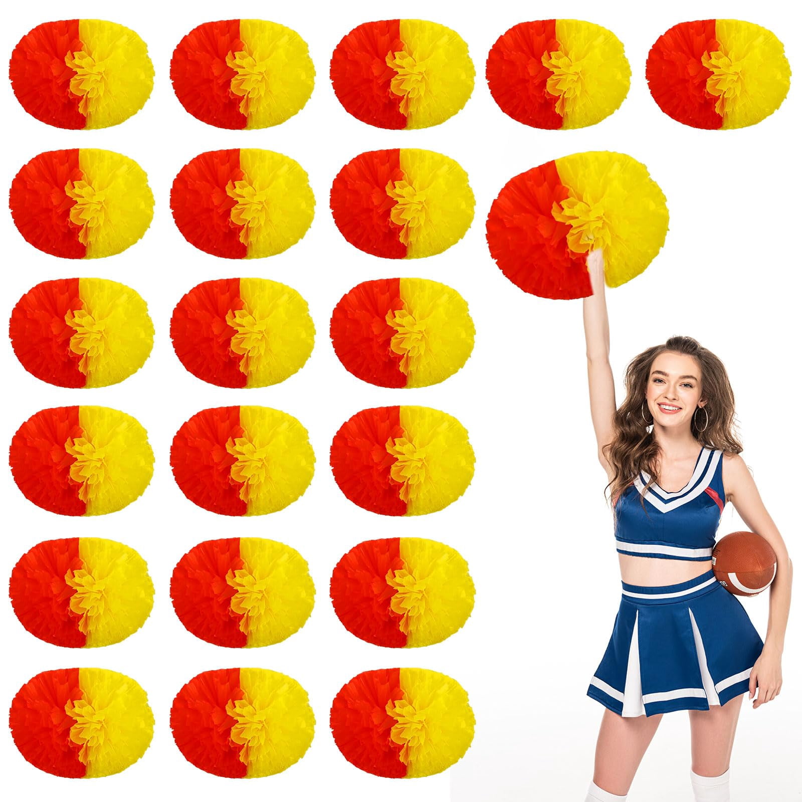 Cheer Pom Poms 18 Pcs with Handle, Cheerleading Handheld Squad Pompoms for Sports Team Cheer Spirit Games Dance Party Adults