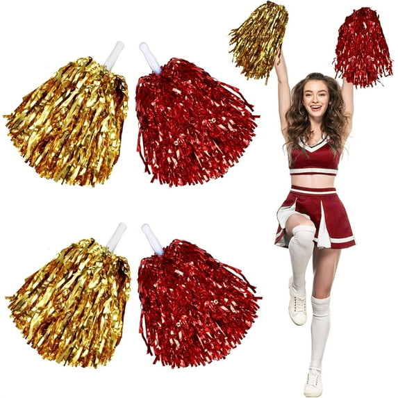 Cheer Pom Poms,4 Pcs Metallic Foil Cheerleading Pom Poms, Cheerleaders Cheer Pom Poms with Plastic Handle,Cheering Squad Hand Flower for Cheer Squad Dancing Party Game Ball Sports Team(Red,Gold)