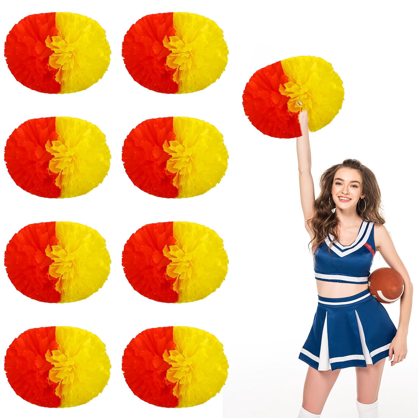 Cheer Pom Poms 8 Pcs with Handle, Cheerleading Handheld Squad Pompoms for Sports Team Cheer Spirit Games Dance Party Adults