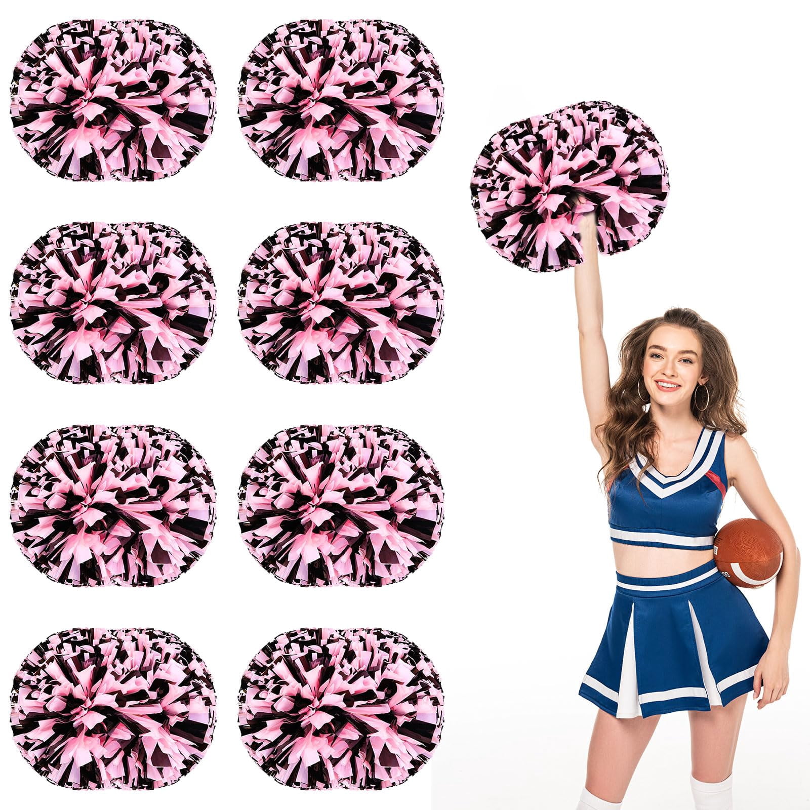 Cheer Pom Poms 8 Pcs with Handle, Cheerleading Handheld Squad Pompoms for Sports Team Cheer Spirit Games Dance Party Adults