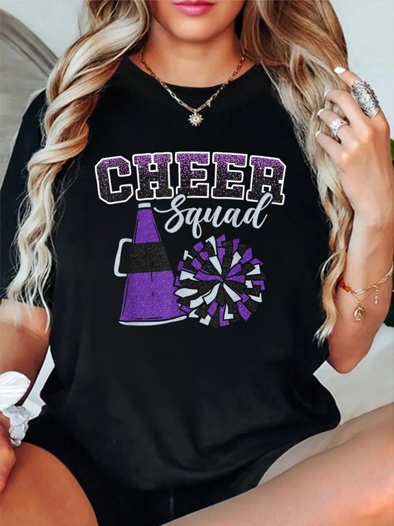 Cheer Squad Funny Cheerleader Cheerleading Purple Women Girl T-Shirt casual short sleeve crew neck cotton tee tops for women