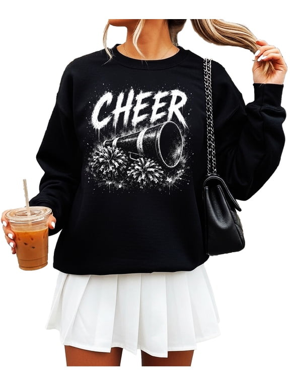 Cheer Sweatshirt for Women and Teen Girls Megaphone Pom Poms Crewneck, Black, XL