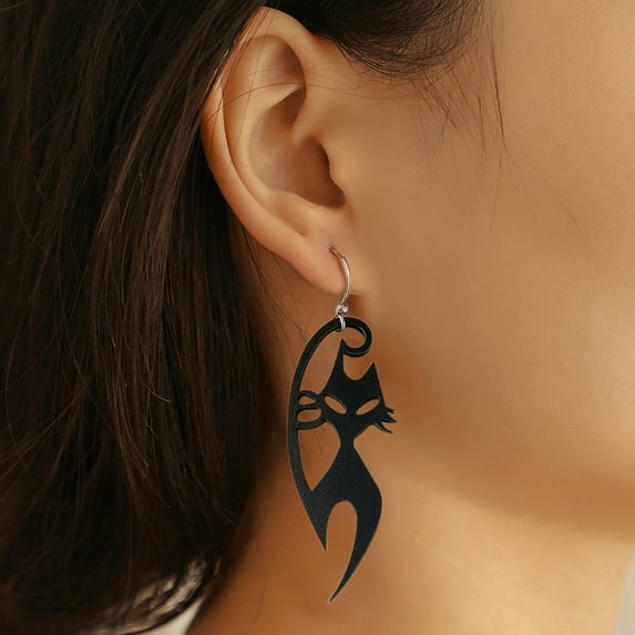 Cheer US 1 Pair Halloween Black Kitty Cat Silvertone Dangle Earrings