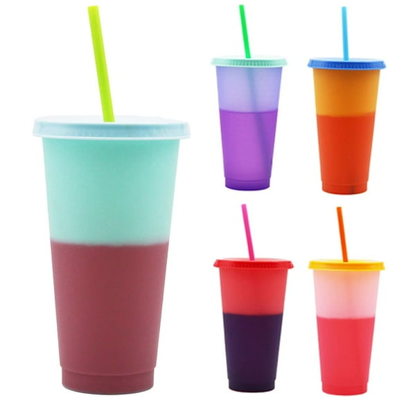 Cheer.US 2 Pcs 720ml Color Changing Bottle No Odor Leak-proof with Lid Straw Outdoor Juice Coffee Discoloration Cup for Home