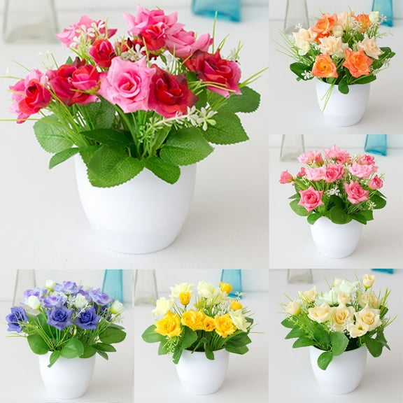 Cheer.US 2 Pcs Artificial Flowers in Pot Decor Flower Arrangements 15-Head Rose Flowers Bouquets In Pot Table Centerpieces Holiday Dinning coffee Room Table Kitchen Decoration