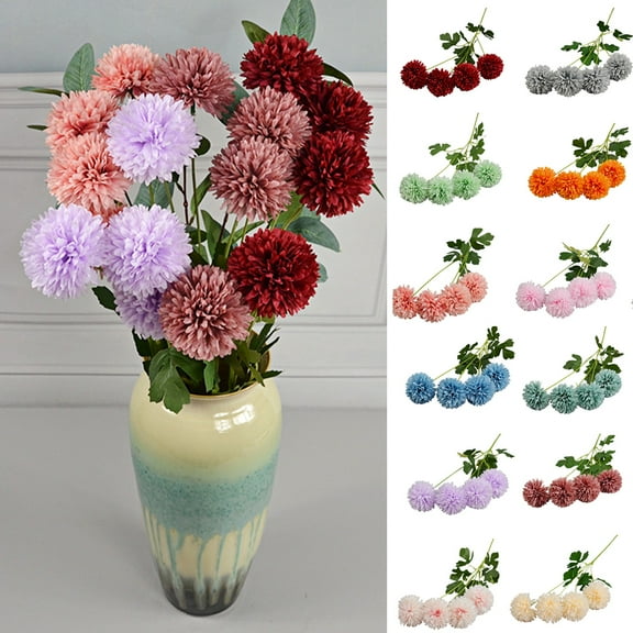 Cheer.US 2 Pcs Artificial Flowers Real Looking Fake Ball Chrysanthemum 4 Heads with Stem for DIY Wedding Bouquets Centerpieces Bridal Shower Party Home Decorations