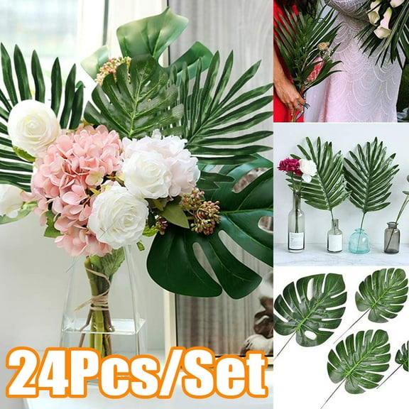Cheer.US 24Pcs Palm Leaves Tropical Party Decorations Jungle Leaf with Stem for Tropical Leaves Decorations Beach Birthday Jungle Party Palm Leaves Decorations