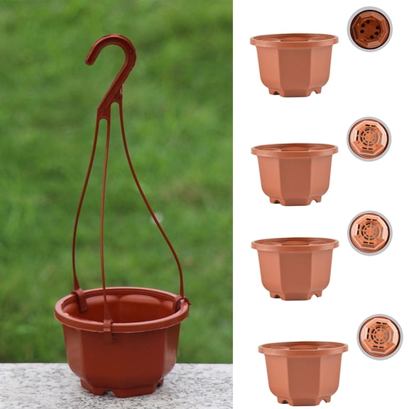 Cheer.US 4 Pcs Plastic Hanging Flower Plant Pots Chain Basket Planter Holder Round Hanging Fence Railing Wall Planter Plant Container for Outdoor Indoor Plants Home Garden Balcony Decoration