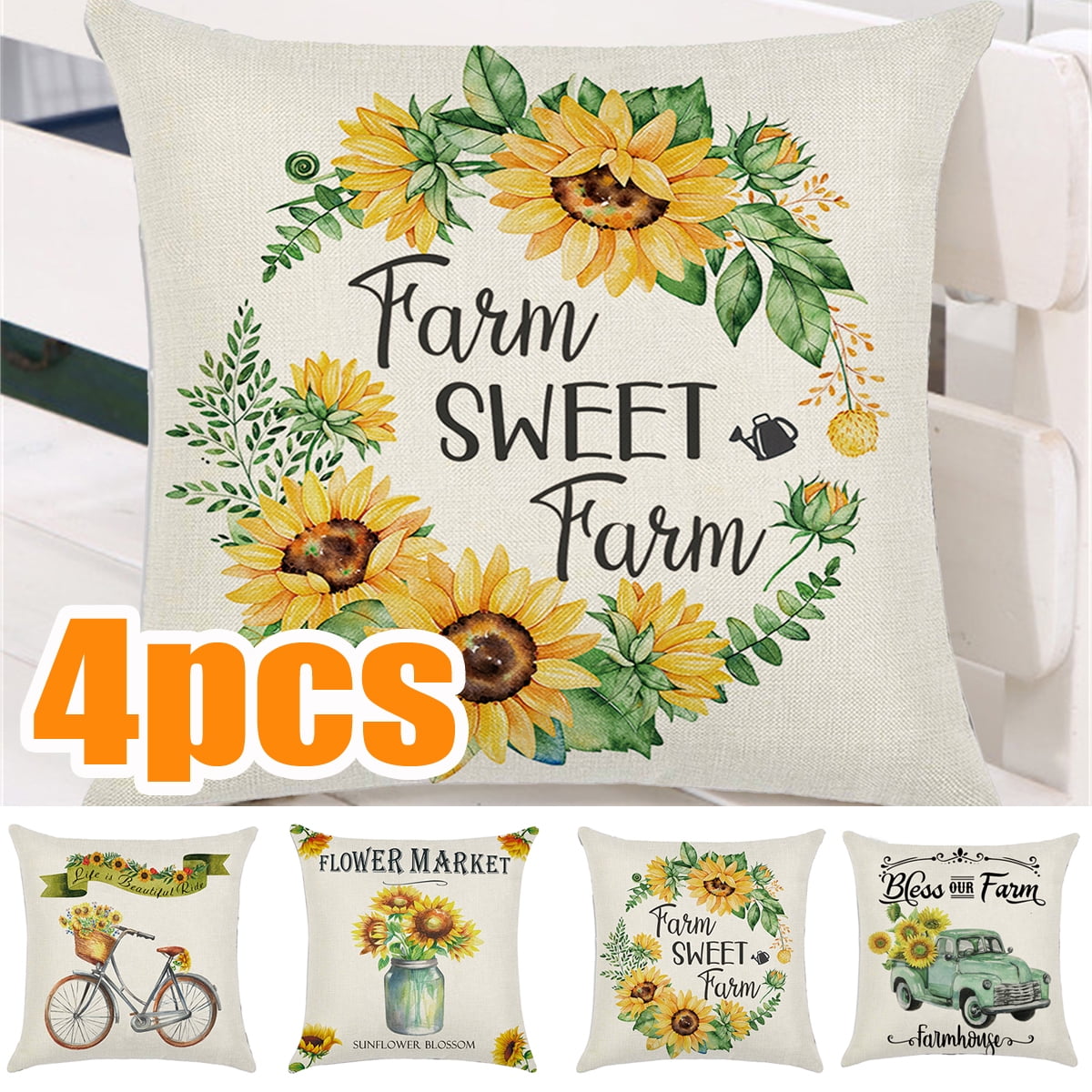 Set Of 4 Spring Sunflower Pillow Covers - 18x18 Inch Farmhouse Decor Cushion Cases For Sofa & Bed