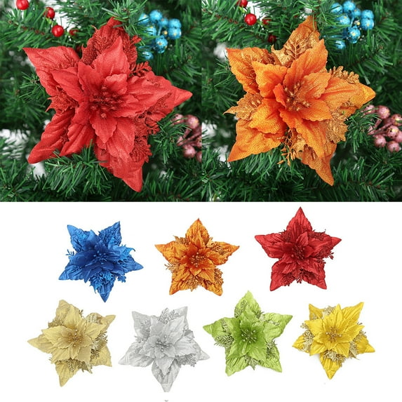 Cheer US 5Pcs Glitter Artificial Poinsettia Flowers Christmas Wreath Christmas Tree Flowers Ornaments