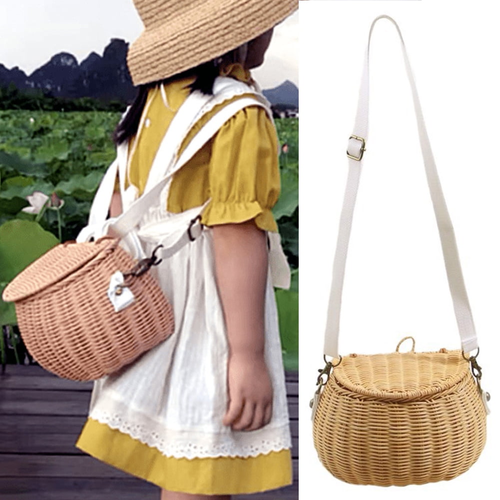 Cheer.US Kids Wicker Bike Backpack Handmade Rattan Small Back Basket with Lid Shoulder Strap 7.8 x 5.5 x 4.7 Walmart