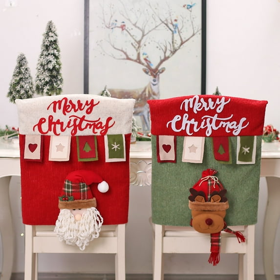 Cheer US Christmas Chair Back Cover for Dining Room, Santa Claus Snowman Reindeer Xmas Dinner Chairs Cover, Chair Slipcover for Kitchen Hotel Holiday Party Decor