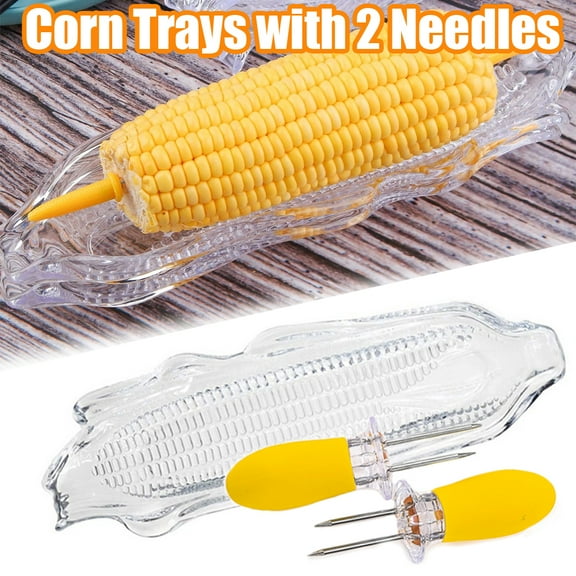 Cheer.US Plastic Corn Trays Transparent Corn Dishes, Corn Trays with 2 Pcs Corn Holders on the Cob Skewers Transparent Plastic Corn Dishes Corn Holders Cob Dinnerware