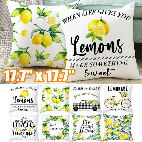 Cheer.US Summer Lemon Pillow Covers Buffalo Check Summer Outdoor Decorations Farmhouse Throw Pillowcase Linen Cushion Case Home Decor for Spring Summer-18x18 Inches
