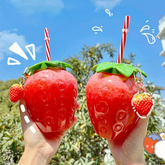 Cheer.US Water Cup with Strawberry Shape Milk Fruit Juice Drinking Bottle Water Bottle Leakproof Water Bottle with Straw & Time Marker Perfect for Fitness Gym Camping Outdoor Sports