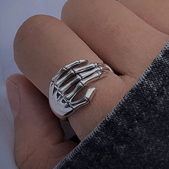 Cheer US Women Stainless Steel Ring Band Silver Tone Black Skull Hand Bone