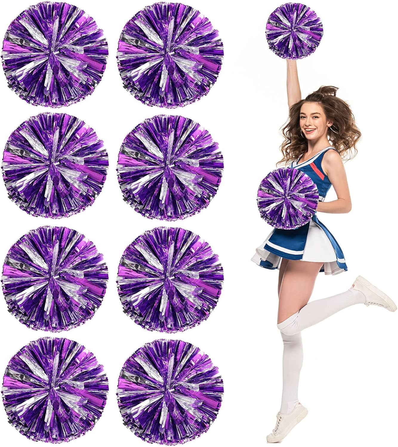 Cheer pom pom, 8 PCS Cheerleading Pom Poms, Premium Metallic Pom Poms Set Cheering Hand Flowers Handle Dance Pom Poms Cheering Squad Pompoms for Football Basketball Cheers