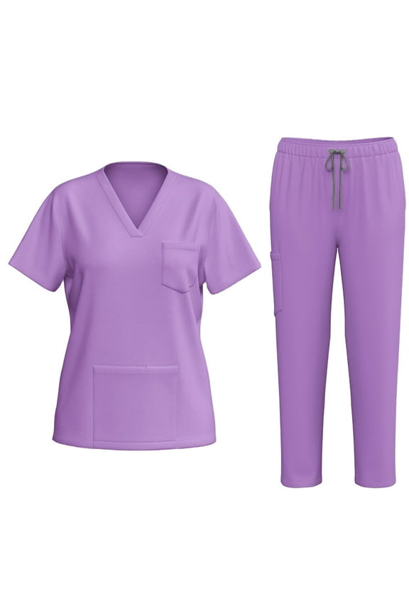 2 Piece Sets for Women's Nurses Sets Tunic Uniform Clinic Carer V-Neck Protective Clothing and Pants Set with Pockets(Z03#Purple,XL)