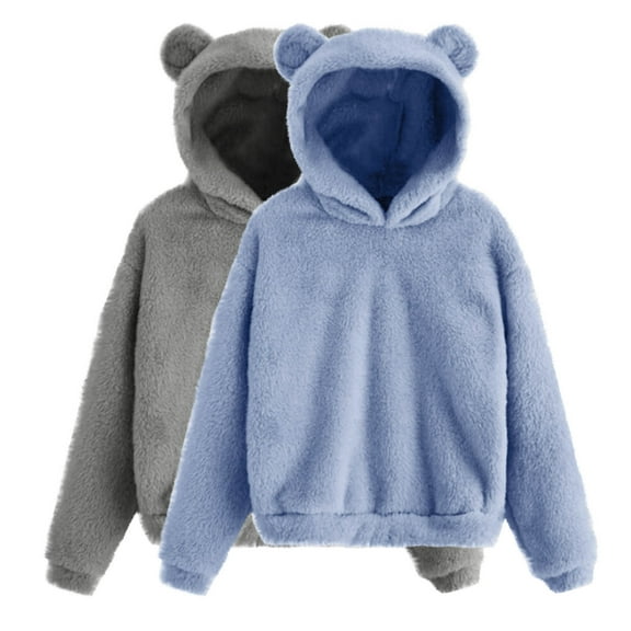 CheerKidz 2PCS Women's Plush Fleece Hooded Sweatshirt with Adorable Ear Details Solid Color Cozy Long Sleeve Pullover for Winter Comfort(Dark Gray,3XL)