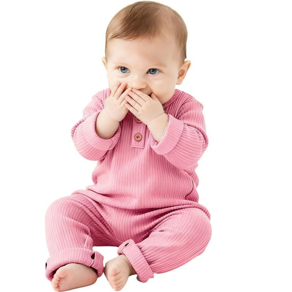CheerKidz Baby Boys and Girls Cotton Long Sleeve Long Pants Jumpsuit Soft Bodysuit Home Wear Solid Color Infant Homewear Comfortable Playwear(Pink,9-12 Months)