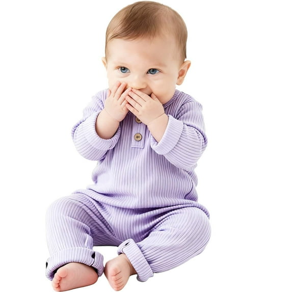 CheerKidz Baby Boys and Girls Cotton Long Sleeve Long Pants Jumpsuit Soft Bodysuit Home Wear Solid Color Infant Homewear Comfortable Playwear(Purple,9-12 Months)