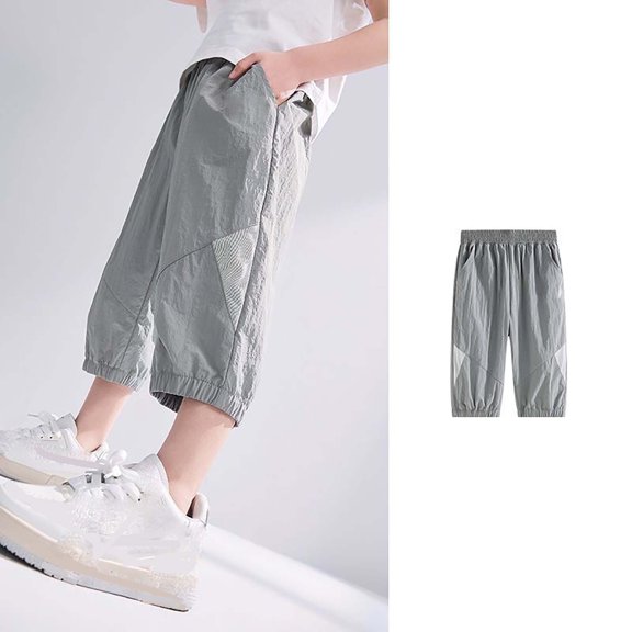 CheerKidz Boys'Casual Splicing Sports Shorts Spring and Summer Ice Silk Shorts with Pocket,Ideal for Lightweight Comfort and Handsome Summer Style 6-15 Years(Gray,9 Years)