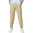 thumbnail image 1 of CheerKidz Boys Girls Kids Casual Jogger Pants with Multiple Pockets Comfortable Elastic Waist Cotton Linen Trousers for School Play Outdoor Activities Spring Summer Season(Beige,10-12 Years), 1 of 7