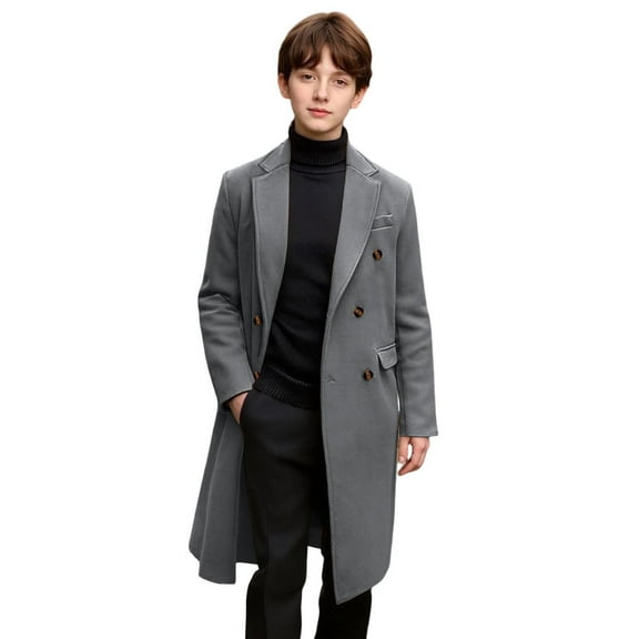 CheerKidz Boys Girls Long Faux Wool Coat Lapel Button Front Long Sleeve Trench Style Jacket Outerwear for Kids Children Fall Winter Warm Coats(Gray,9 Years)